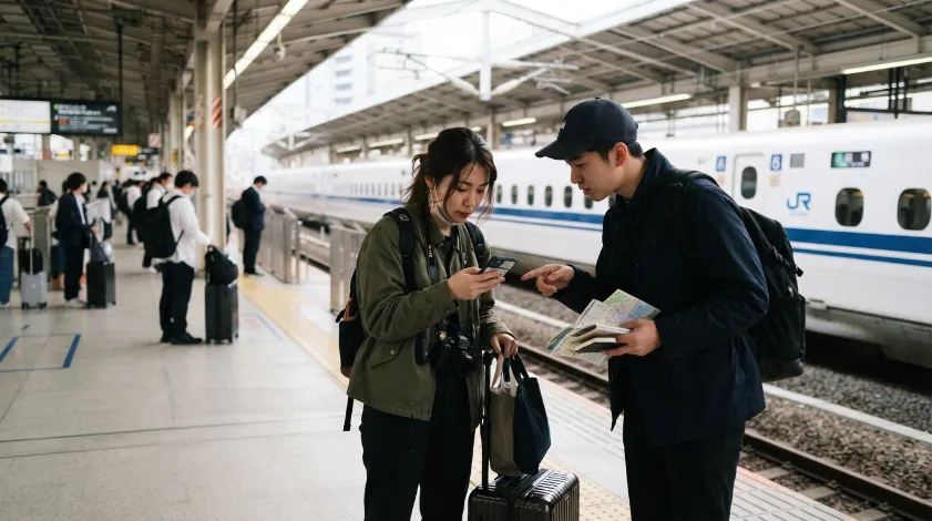 Viajeros junto a un shinkansen durante una ruta por Japón