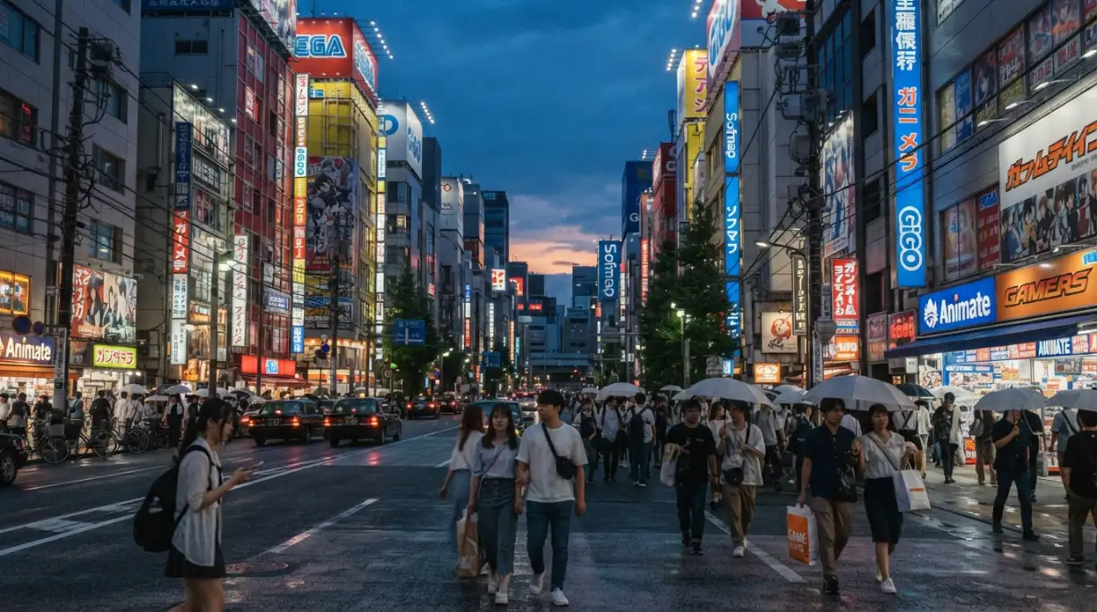Akihabara y sus edificios de anime y videojuegos al anochecer en Tokio