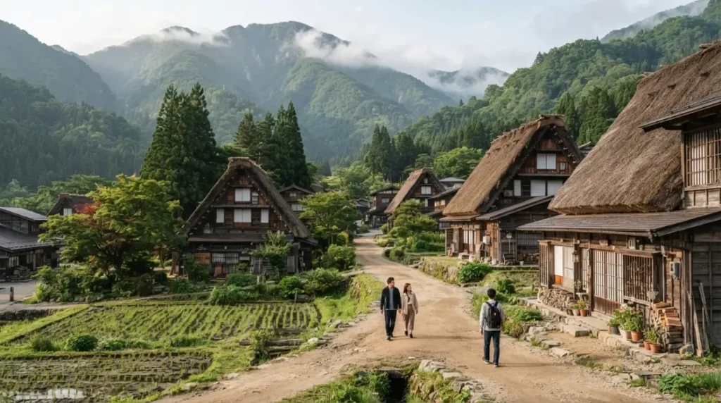 Casas tradicionales durante una ruta por los Alpes Japoneses