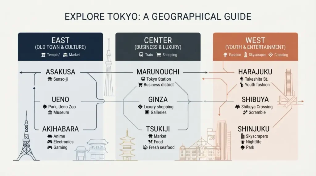 Mapa visual de los principales barrios de Tokio agrupados por zonas