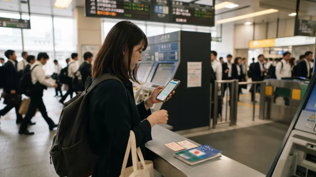 Viajero comparando opciones de billetes de tren en una estación de Japón