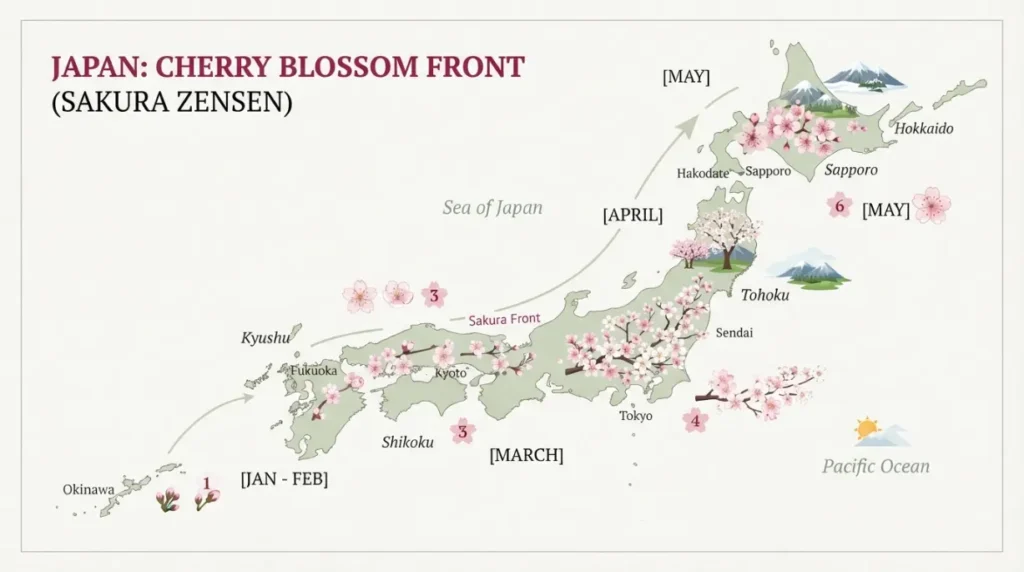 Calendario orientativo de la floración de los cerezos por regiones de Japón