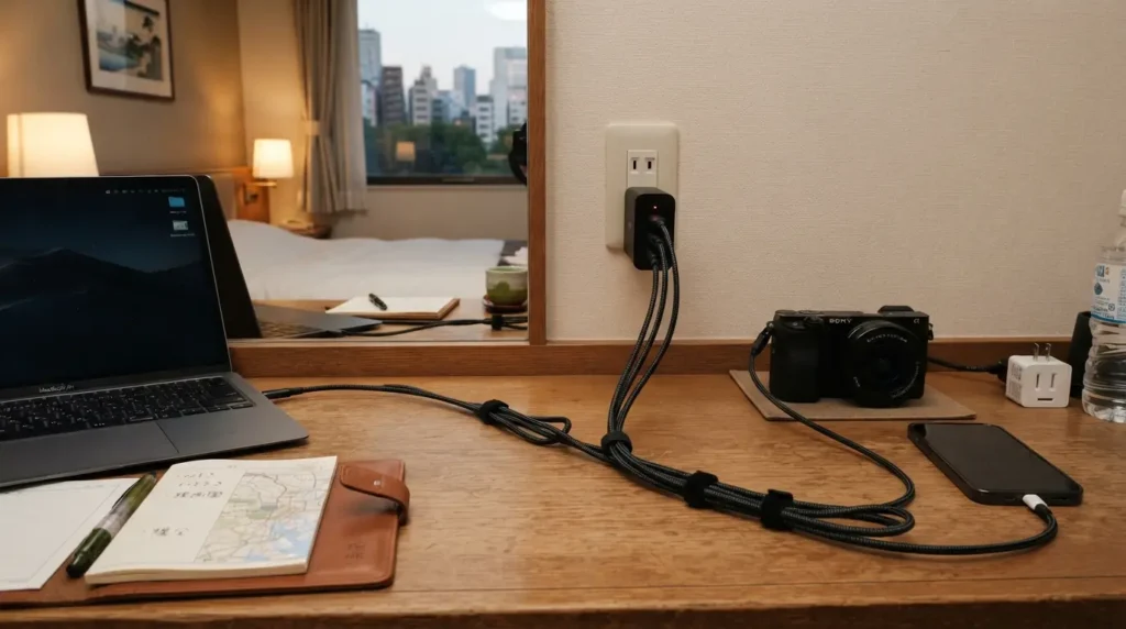 Móvil, cámara y portátil cargándose con un adaptador en Japón