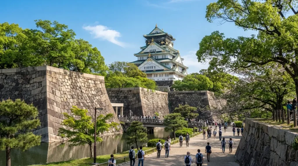 Castillo de Osaka y sus murallas durante el primer día del itinerario