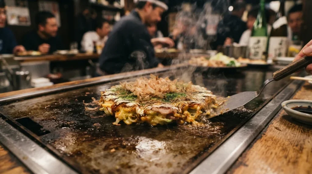 Okonomiyaki cocinado en sartén paso a paso