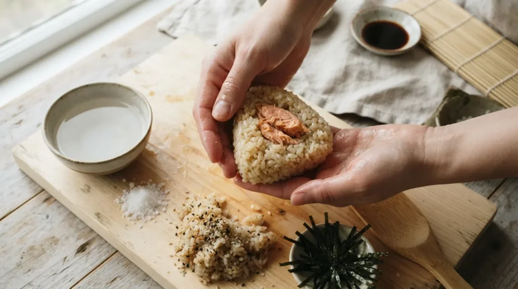 Manos formando un onigiri con arroz japonés templado