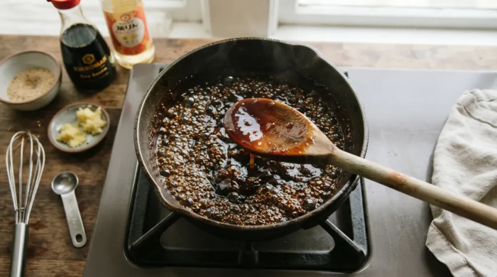 Salsa teriyaki reduciéndose en un cazo hasta conseguir una textura brillante