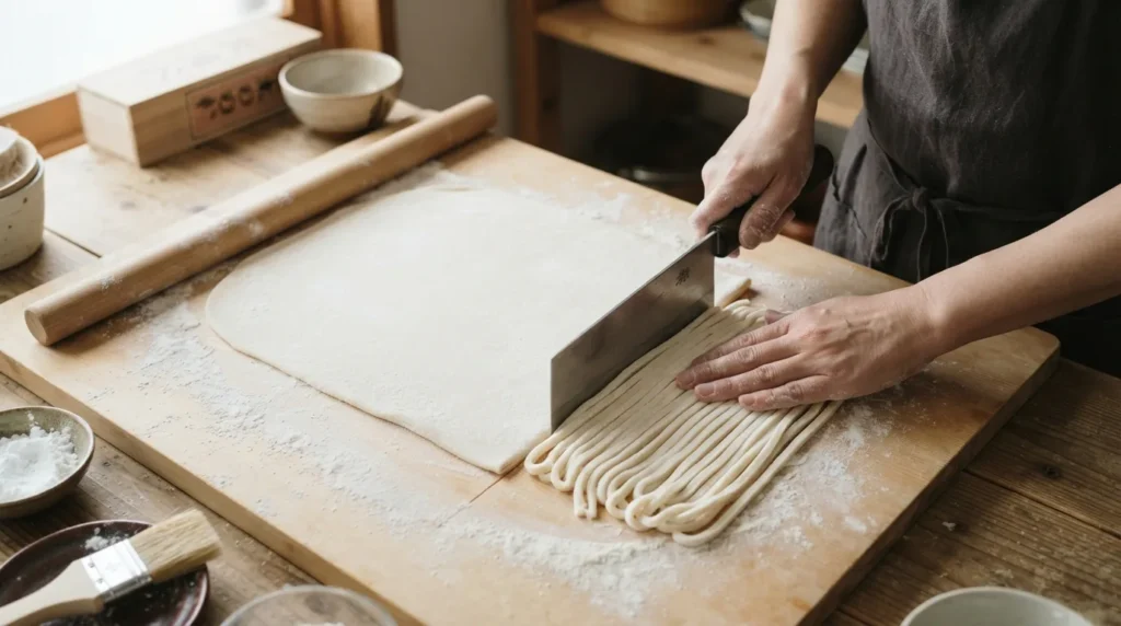 Masa de udon casero extendida y cortada en fideos gruesos