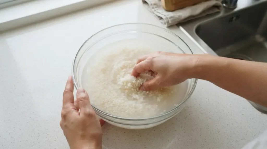 Lavado del arroz japonés antes de cocinar sushi