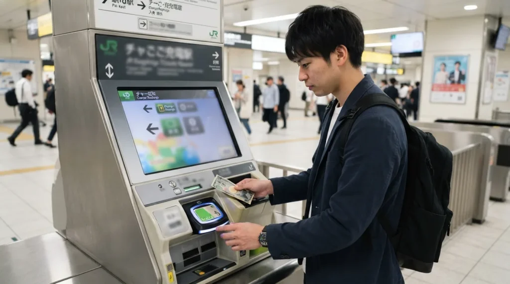 Recarga de una tarjeta Suica en una máquina de una estación japonesa