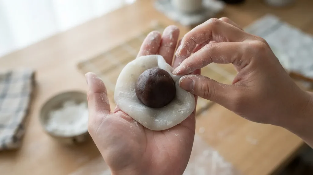 Cómo rellenar y cerrar un mochi con anko