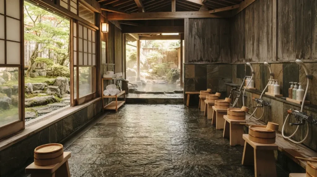 Zona de lavado de un onsen japonés antes del baño