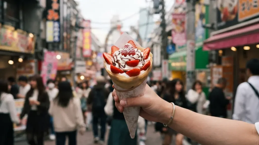 Crepe japonés de fresas y nata en Harajuku