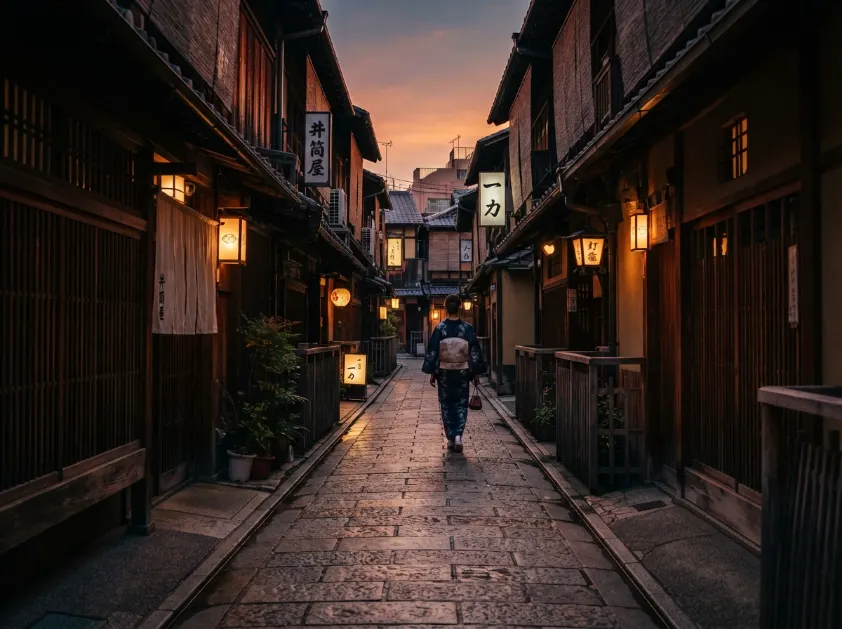 Callejón de Gion en Kioto con farolillos