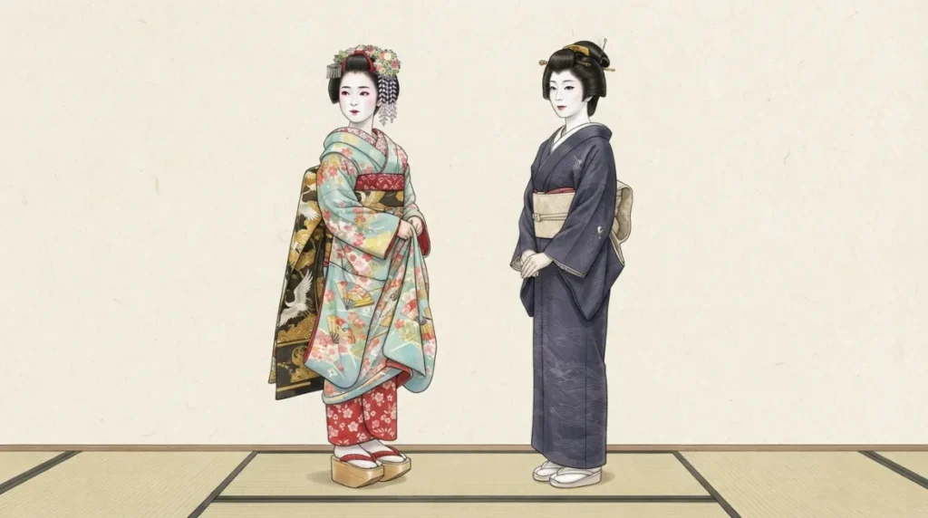 Diferencias de vestimenta, peinado y obi entre una maiko y una geiko