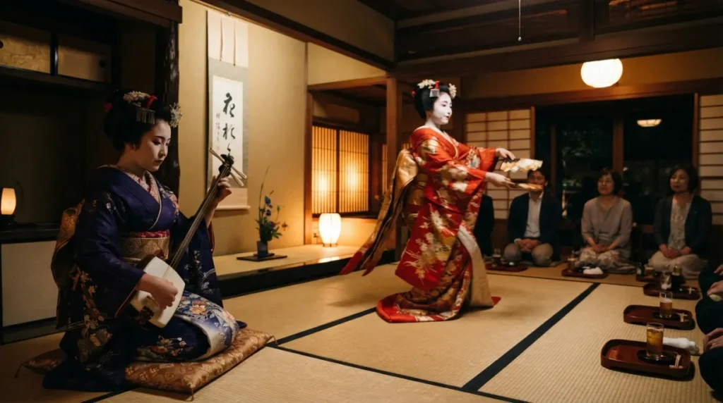 Geiko interpretando música y danza tradicional durante un ozashiki en Kioto