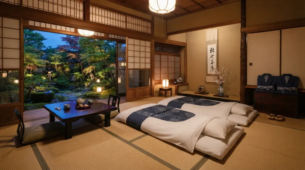 Habitación tradicional de ryokan con tatami y mesa baja