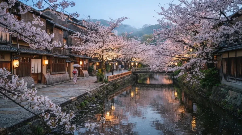 Hanami en Japón con cerezos en plena floración junto a un canal