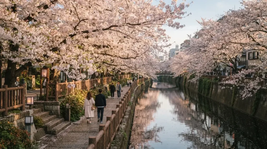 Cerezos en flor junto a un canal de Kioto durante el hanami