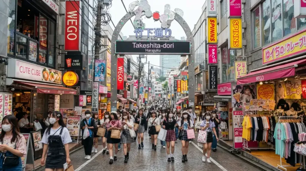 Takeshita Street en Harajuku, Tokio, con tiendas de moda y peatones
