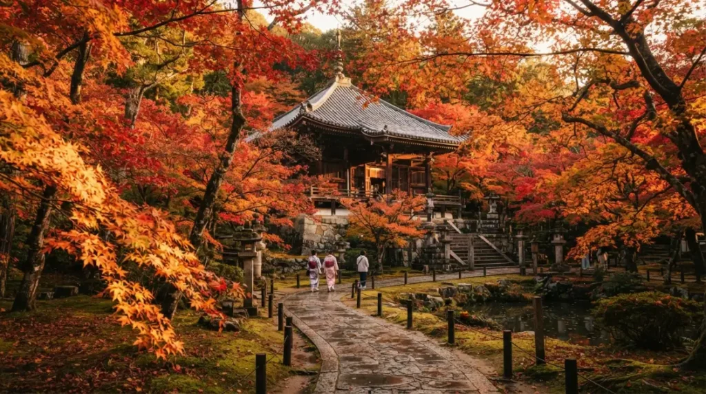 Templo japonés rodeado de hojas rojas durante el momiji