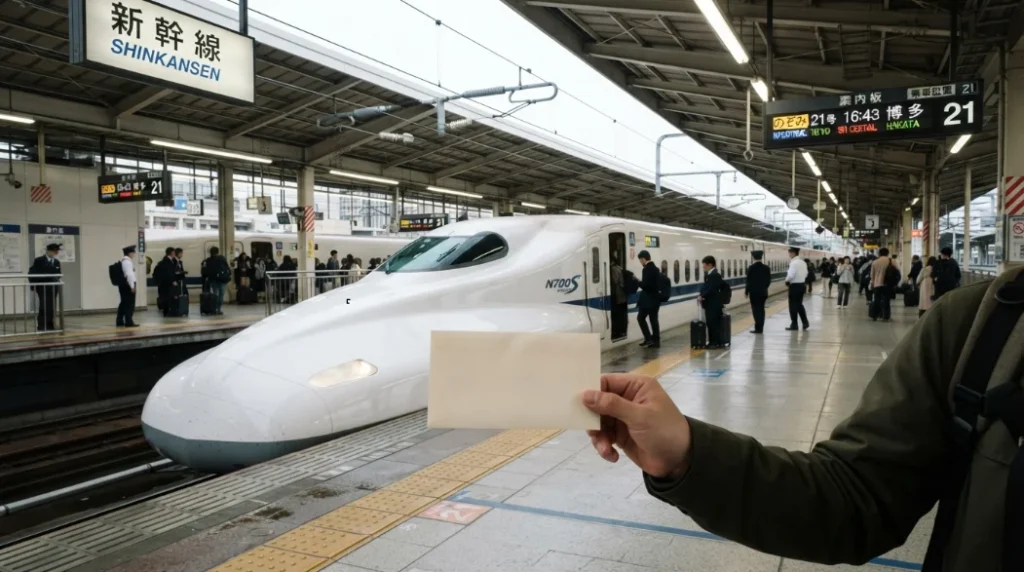 Shinkansen en una estación de Japón durante un viaje en tren