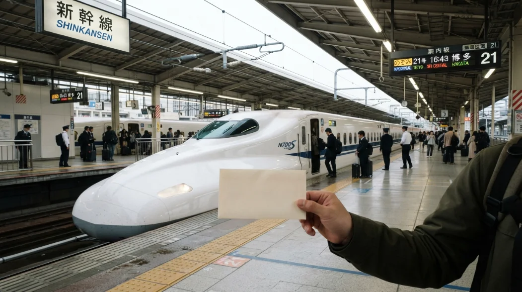 Shinkansen en una estación de Japón durante un viaje en tren