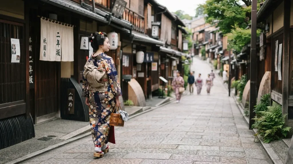 Persona con kimono japonés tradicional en una calle de Kioto