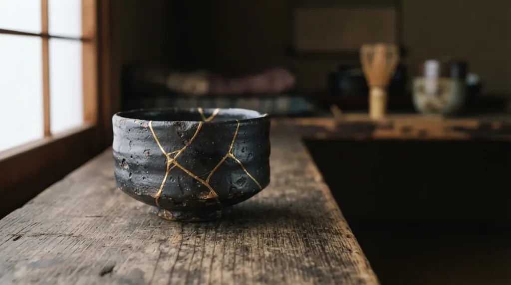 Cuenco japonés reparado con la técnica kintsugi y líneas de oro