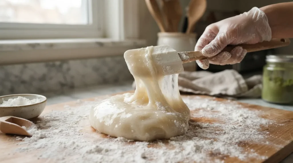 Masa de mochi cocida con textura elástica y translúcida