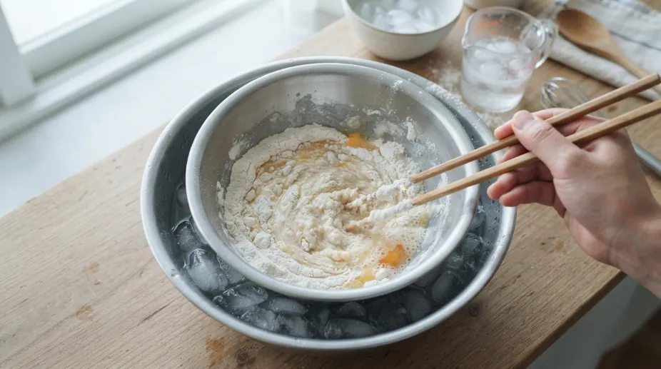 Masa fría de tempura con pequeños grumos antes de freír