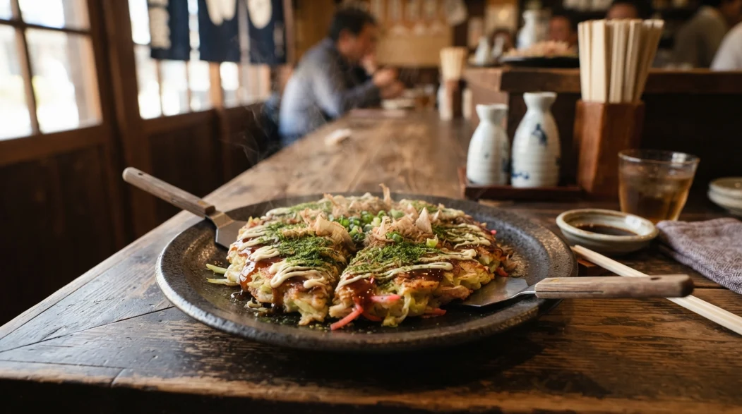 Okonomiyaki casero con ingredientes tradicionales japoneses