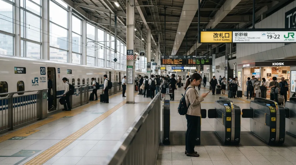 Viajero junto a un Shinkansen en una estación de Japón