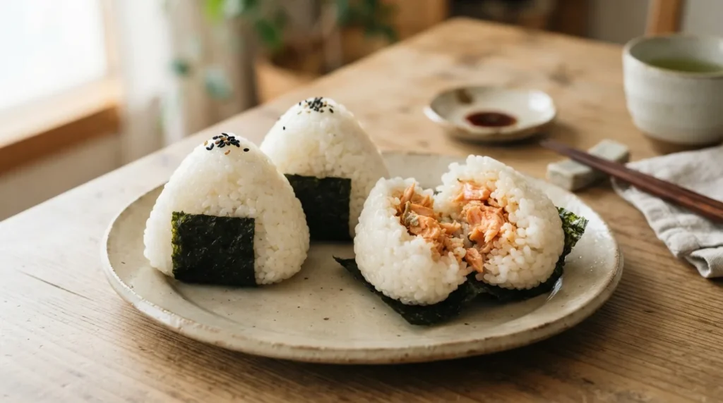 Onigiri caseros de arroz japonés con alga nori y relleno