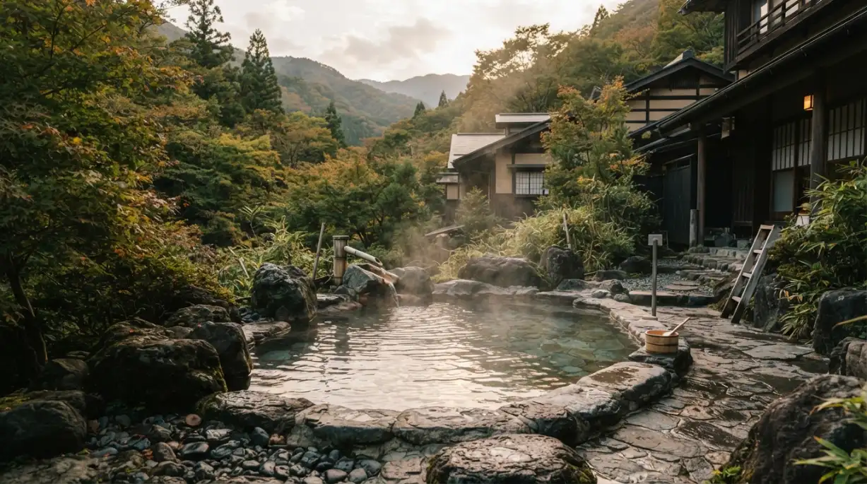 Onsen exterior entre montañas en Hakone