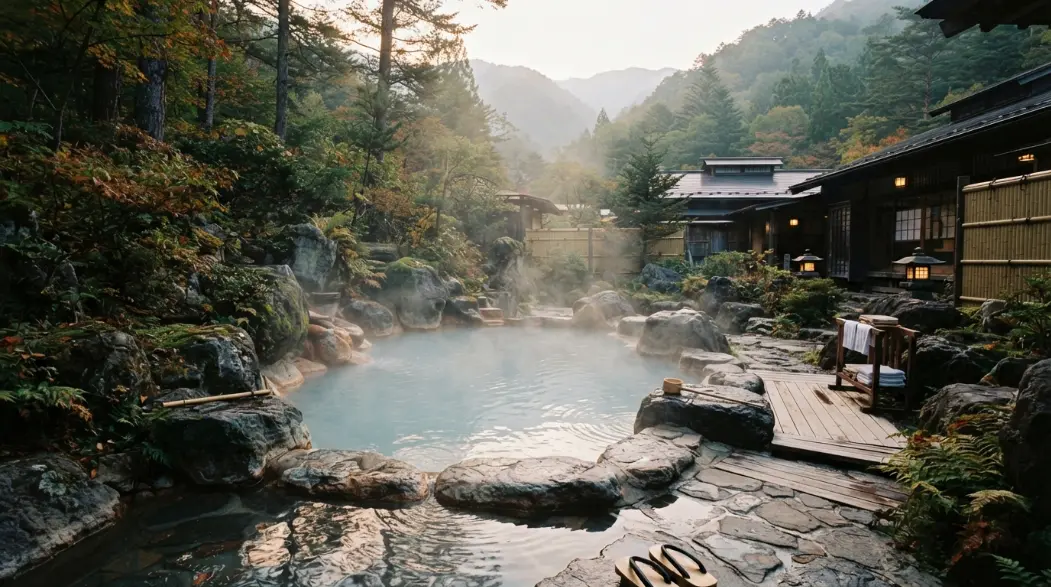 Onsen japonés al aire libre rodeado de naturaleza