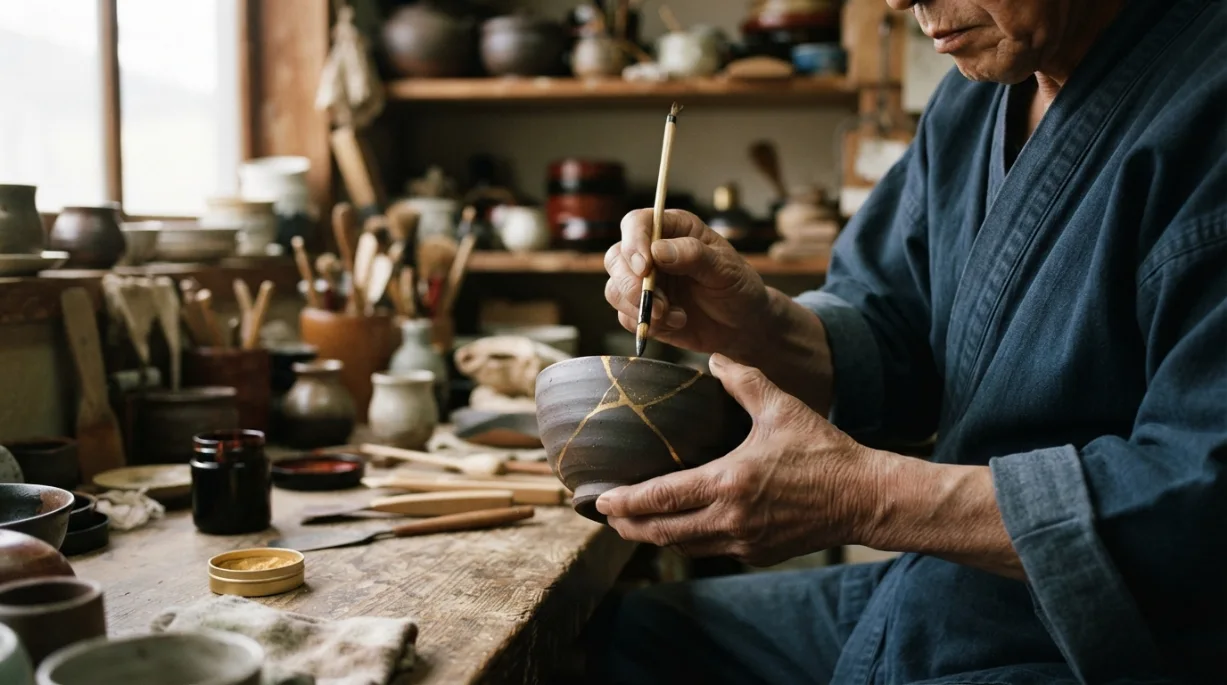 Proceso tradicional de kintsugi con urushi y acabado de oro