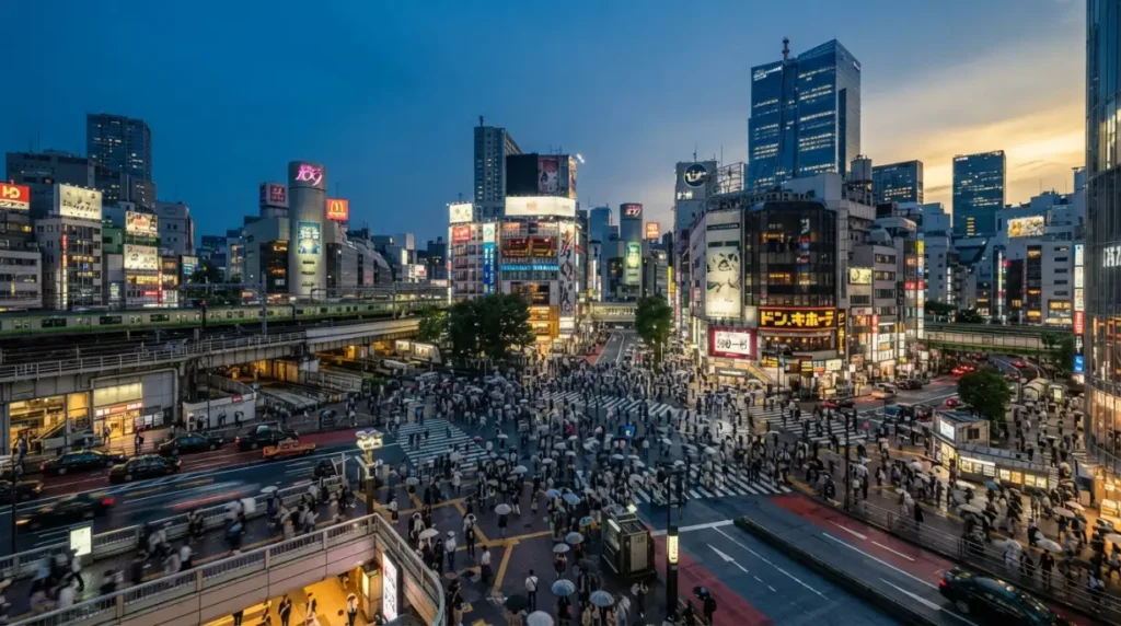 Vista urbana de Tokio al anochecer con peatones y edificios iluminados