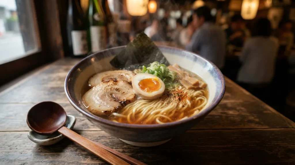 Bol de ramen casero shoyu con chashu y huevo ajitama