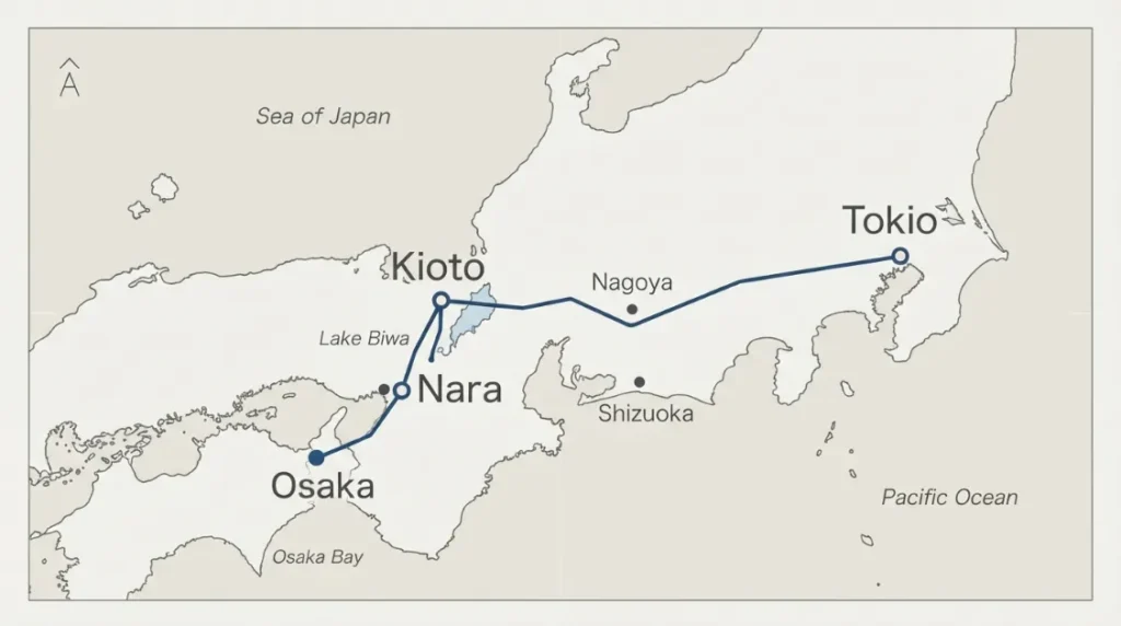 Mapa de la ruta de 10 días por Tokio, Kioto, Nara y Osaka
