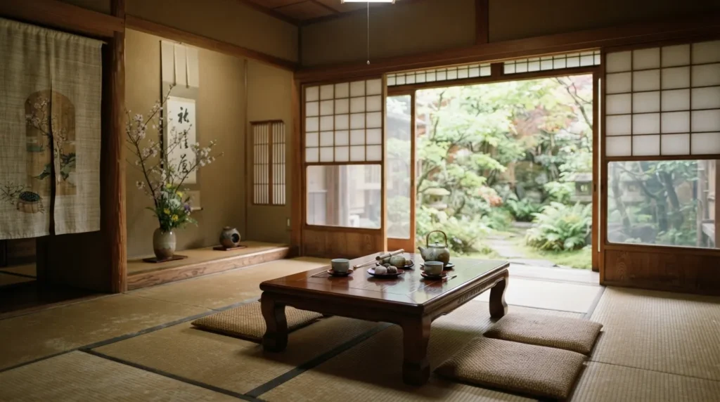 Habitación de un ryokan en Japón con tatami y futones