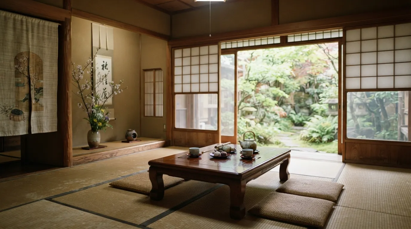 Habitación de un ryokan en Japón con tatami y futones