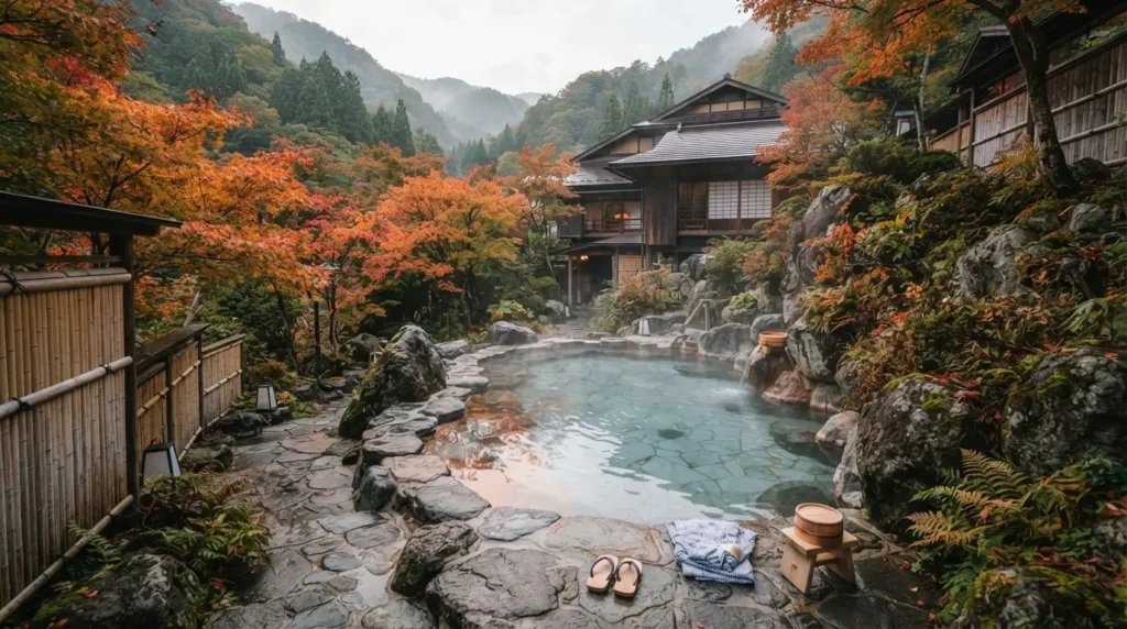 Onsen exterior de un ryokan japonés rodeado de naturaleza