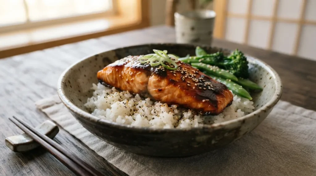 Salmón glaseado con salsa teriyaki casera servido sobre arroz japonés