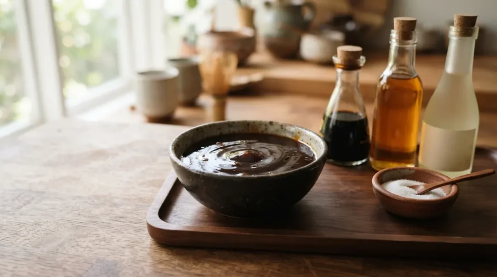 Salsa teriyaki casera japonesa preparada con soja, mirin, sake y azúcar
