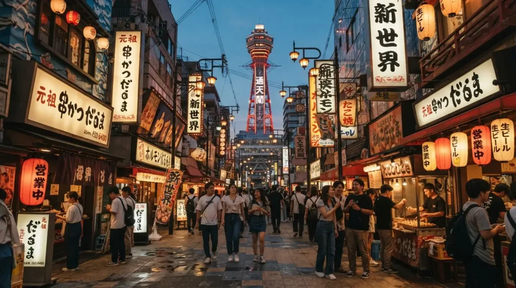 Calles de Shinsekai con la torre Tsutenkaku al fondo en Osaka