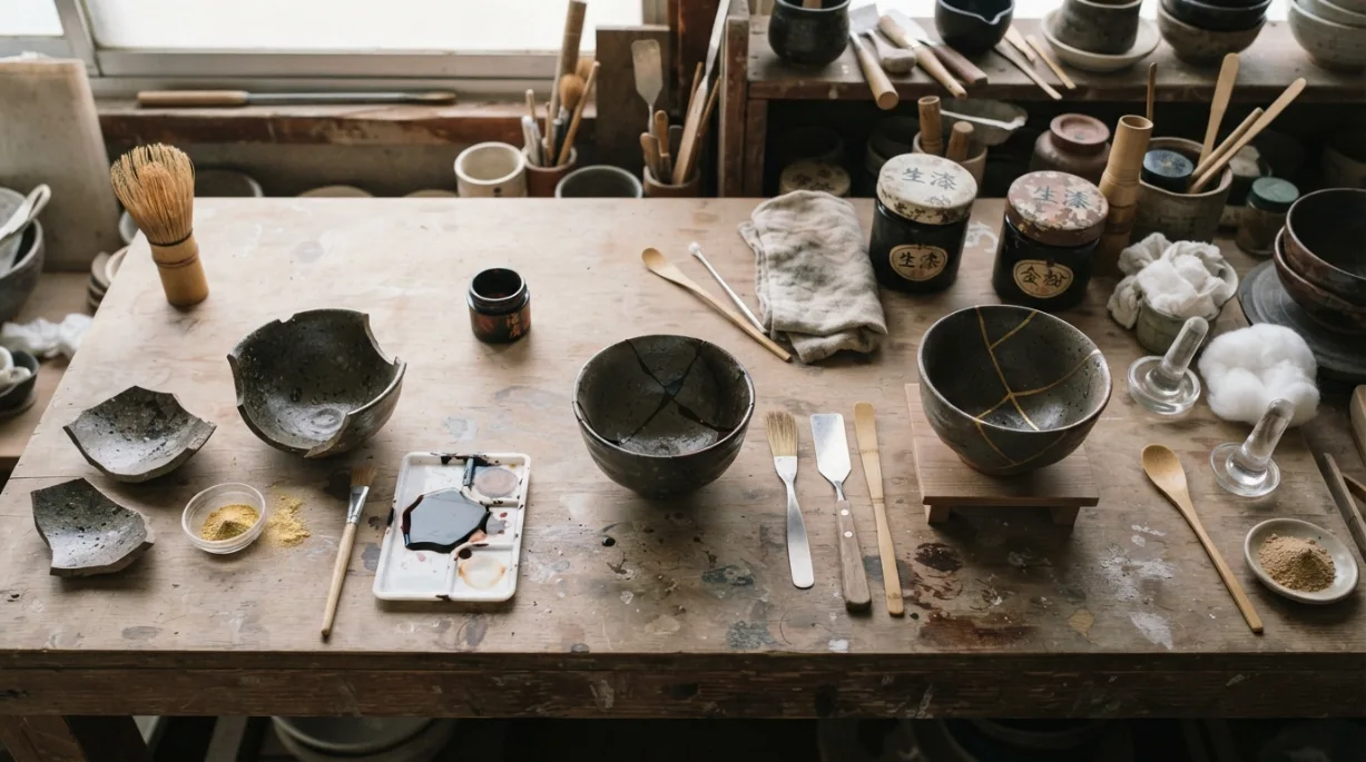 Proceso tradicional de kintsugi con urushi y acabado de oro