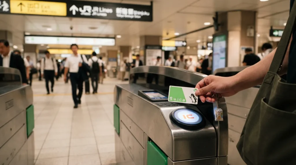 Viajero utilizando una tarjeta Suica en una estación de Japón
