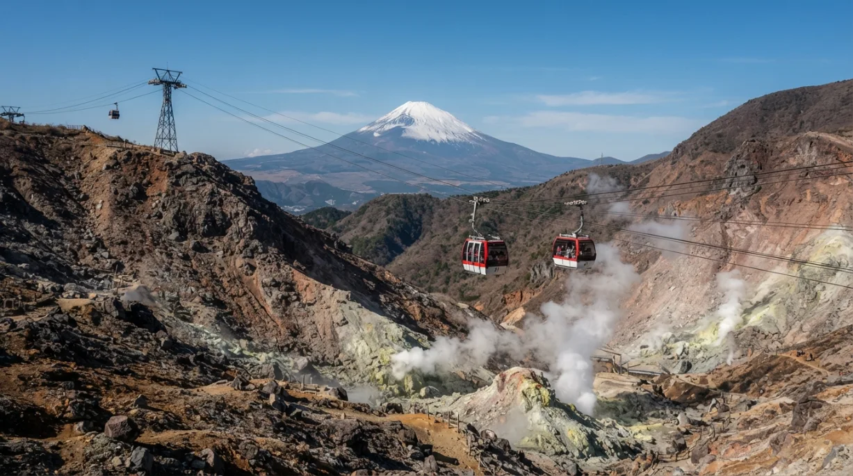 Teleférico de Hakone sobre el valle volcánico de Owakudani