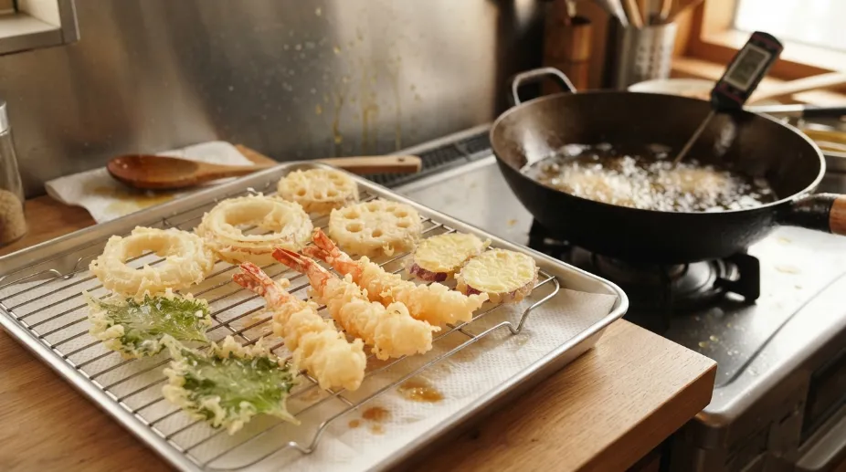 Tempura escurriendo sobre rejilla tras freír a 175 grados